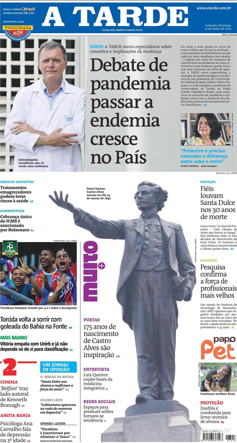 Capa do jornal A Tarde 13/03/2022