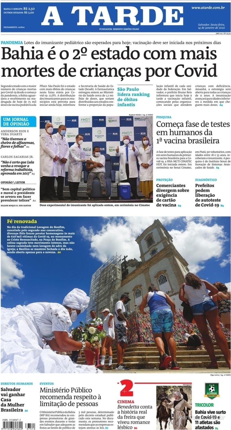 Capa do jornal A Tarde 14/01/2022