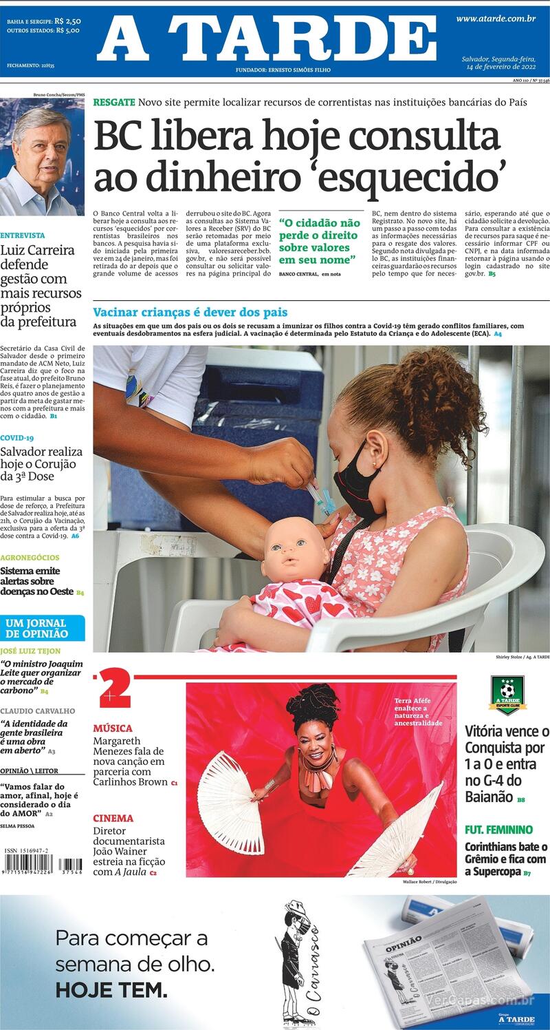 Capa do jornal A Tarde 14/02/2022