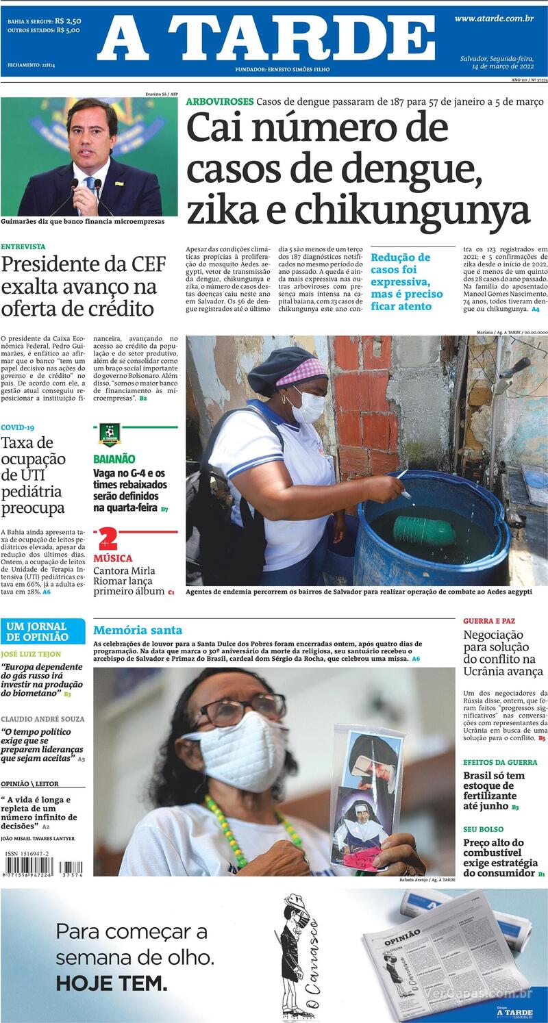 Capa do jornal A Tarde 14/03/2022