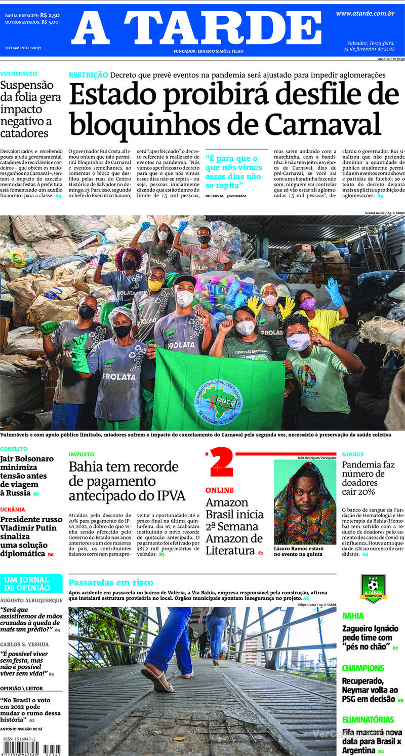 Capa do jornal A Tarde 15/02/2022