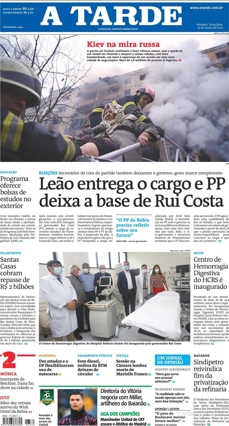 Capa do jornal A Tarde 15/03/2022