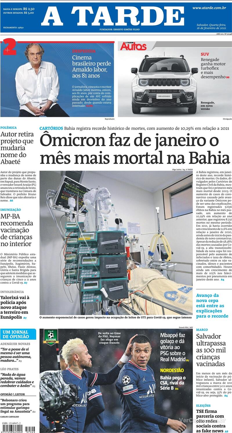 Capa do jornal A Tarde 16/02/2022