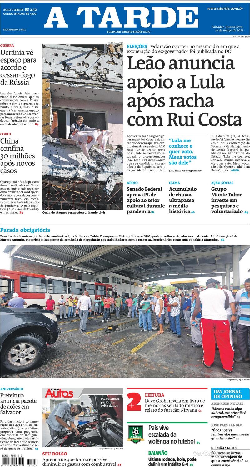 Capa do jornal A Tarde 16/03/2022