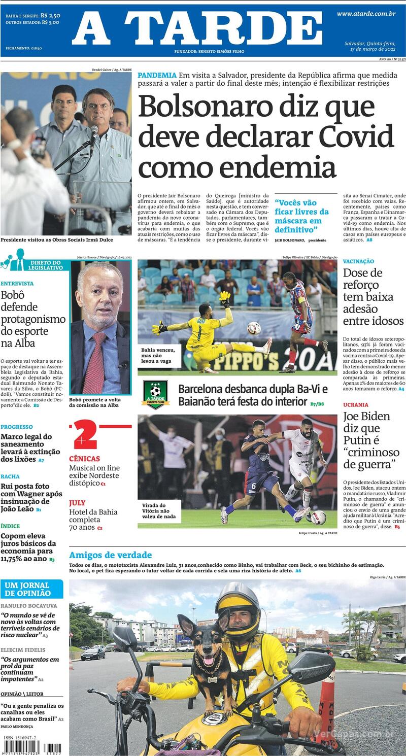 Capa do jornal A Tarde 17/03/2022