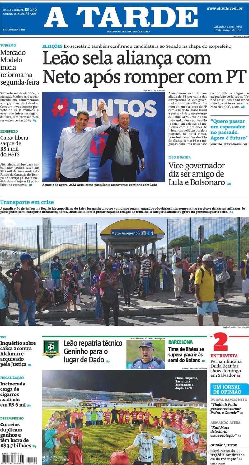 Capa do jornal A Tarde 18/03/2022