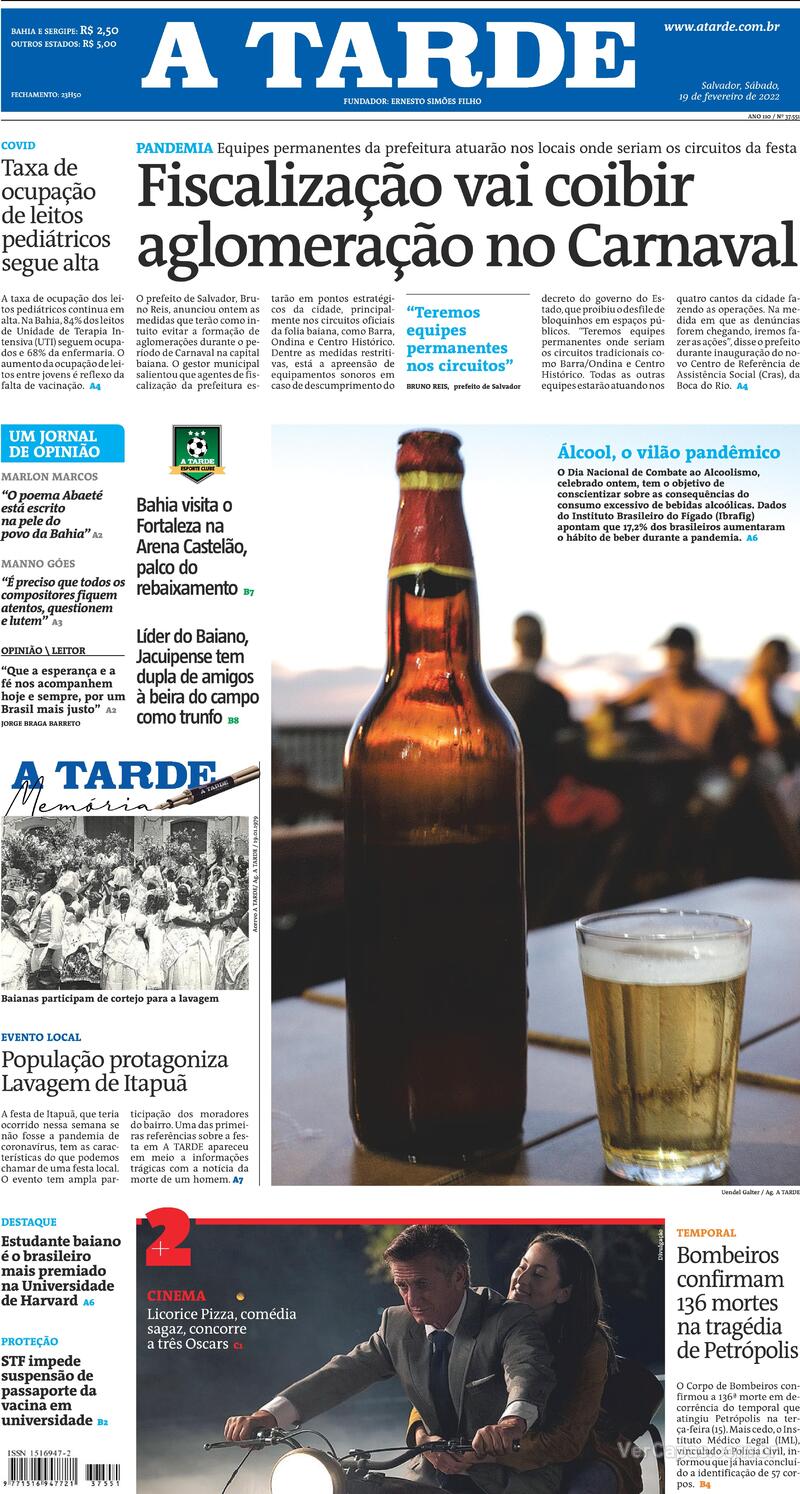 Capa do jornal A Tarde 19/02/2022