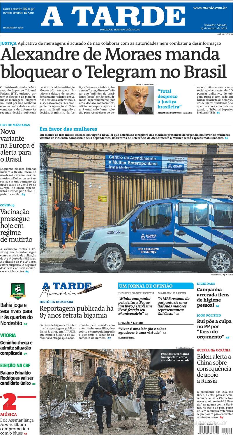 Capa do jornal A Tarde 19/03/2022