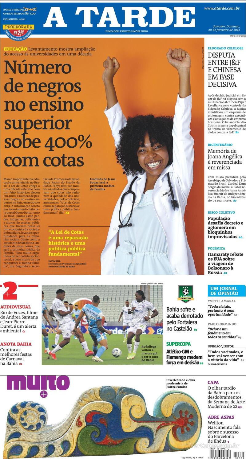 Capa do jornal A Tarde 20/02/2022