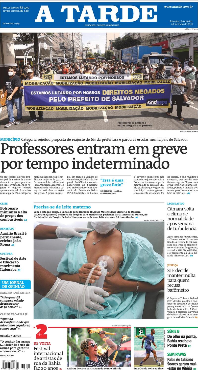 Capa do jornal A Tarde 23/01/2021