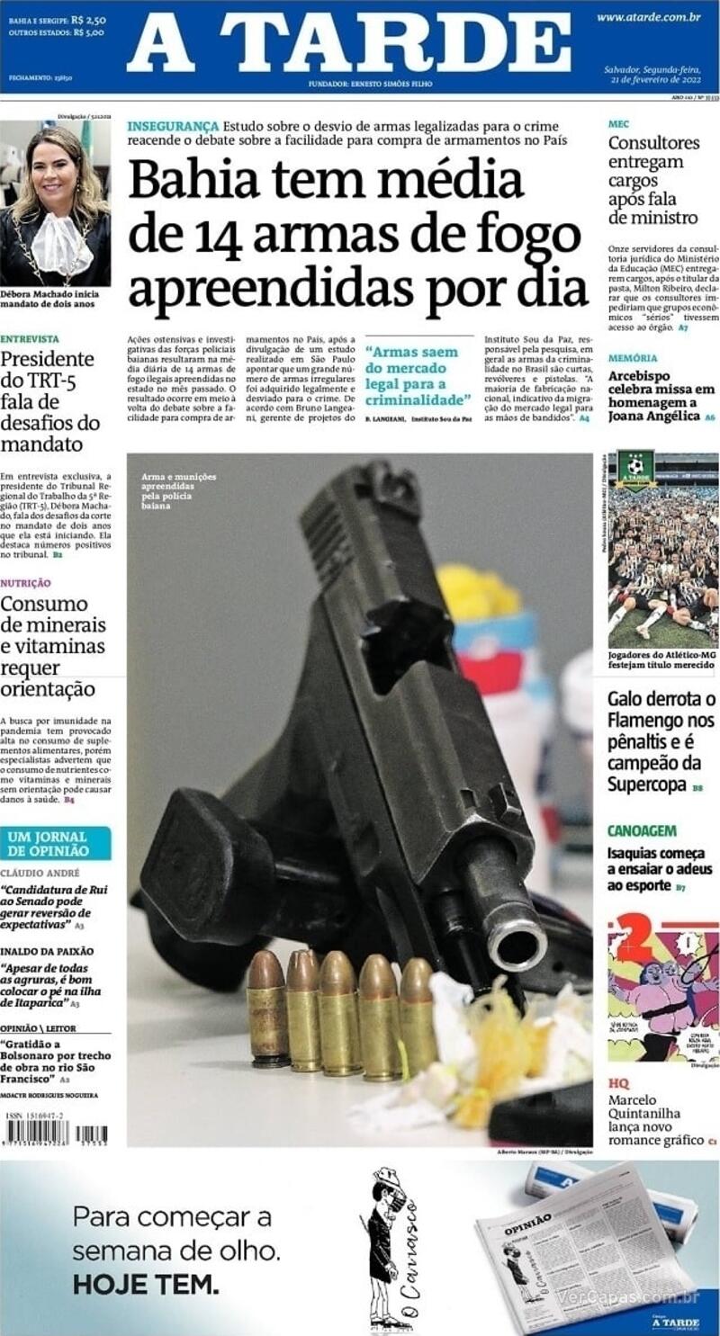 Capa do jornal A Tarde 21/02/2022