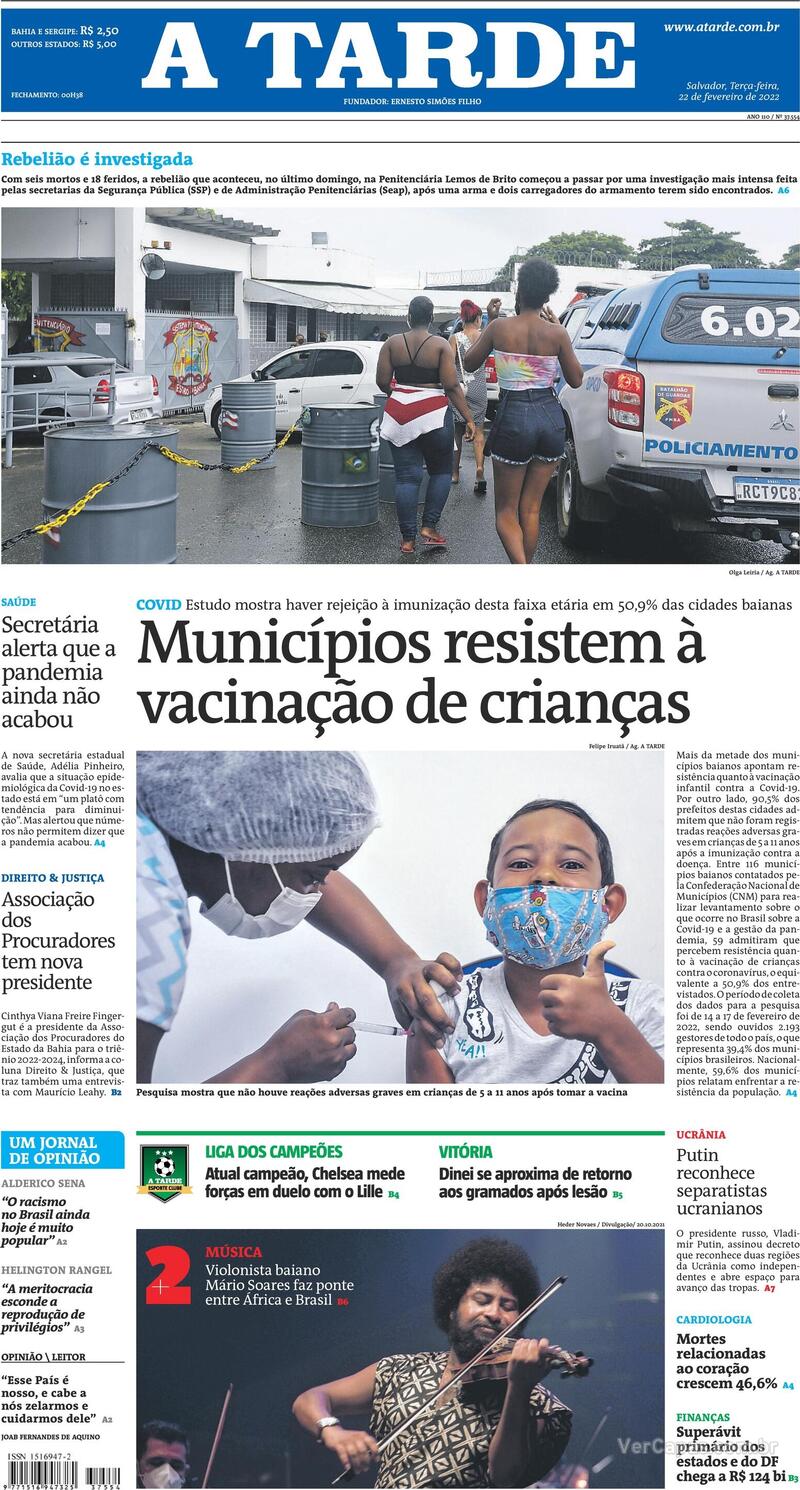 Capa do jornal A Tarde 22/02/2022