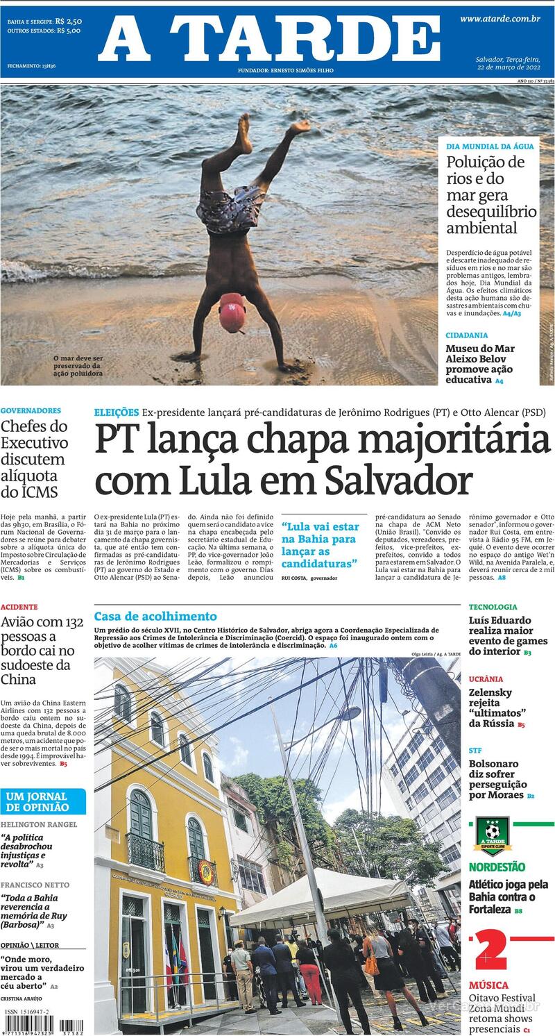 Capa do jornal A Tarde 22/03/2022