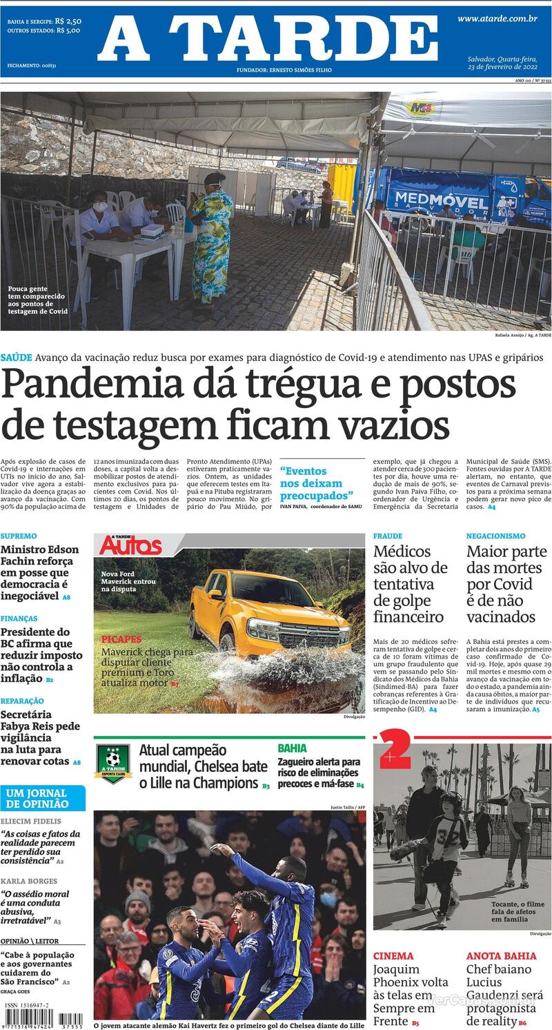 Capa do jornal A Tarde 23/02/2022