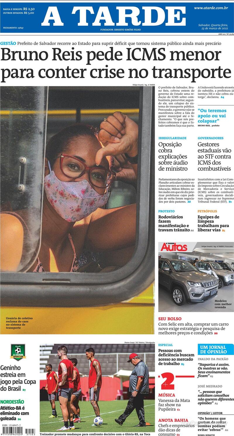 Capa do jornal A Tarde 23/03/2022