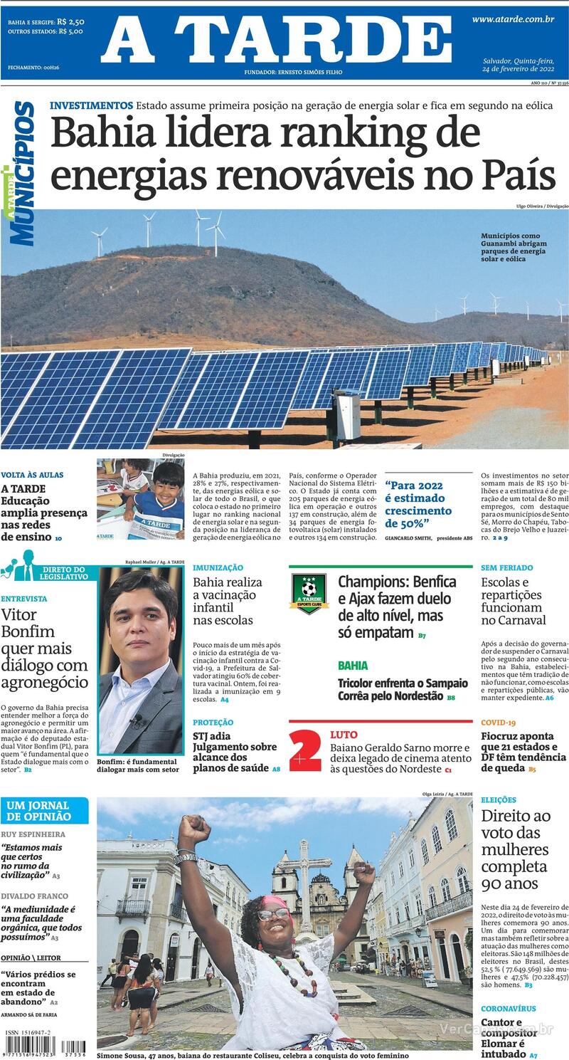 Capa do jornal A Tarde 24/02/2022