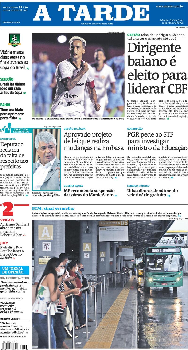 Capa do jornal A Tarde 24/03/2022