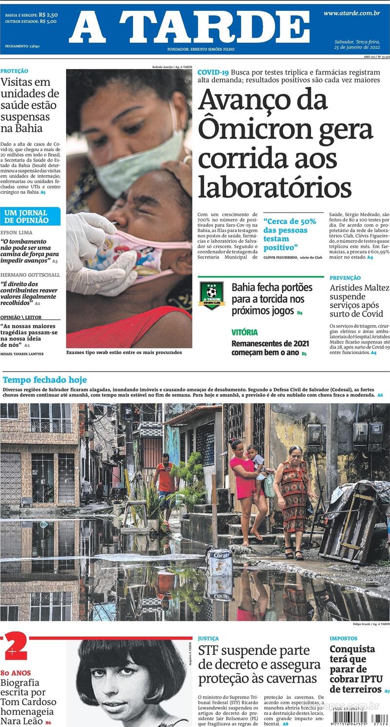 Capa do jornal A Tarde 25/01/2022