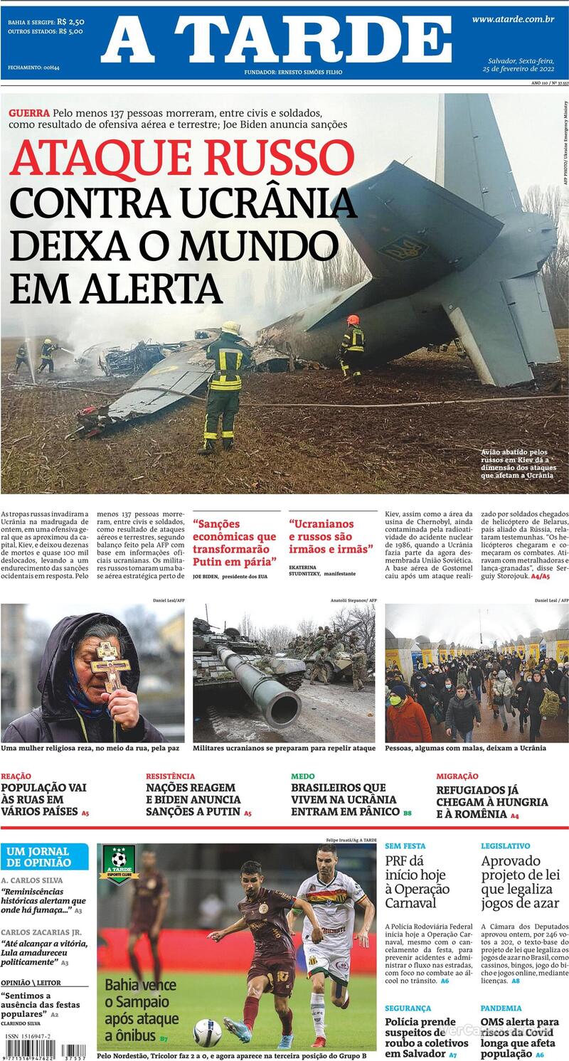 Capa do jornal A Tarde 25/02/2022