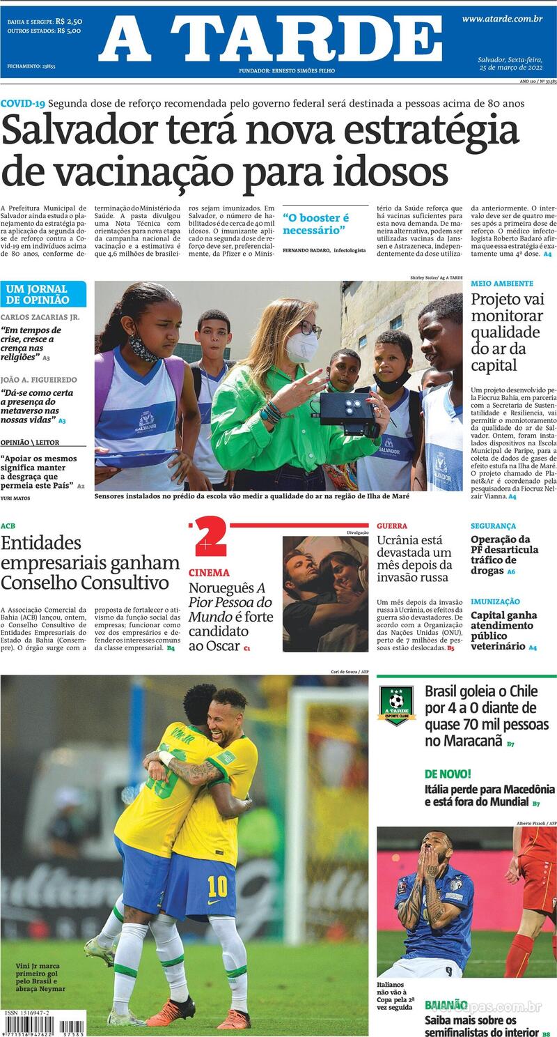 Capa do jornal A Tarde 25/03/2022