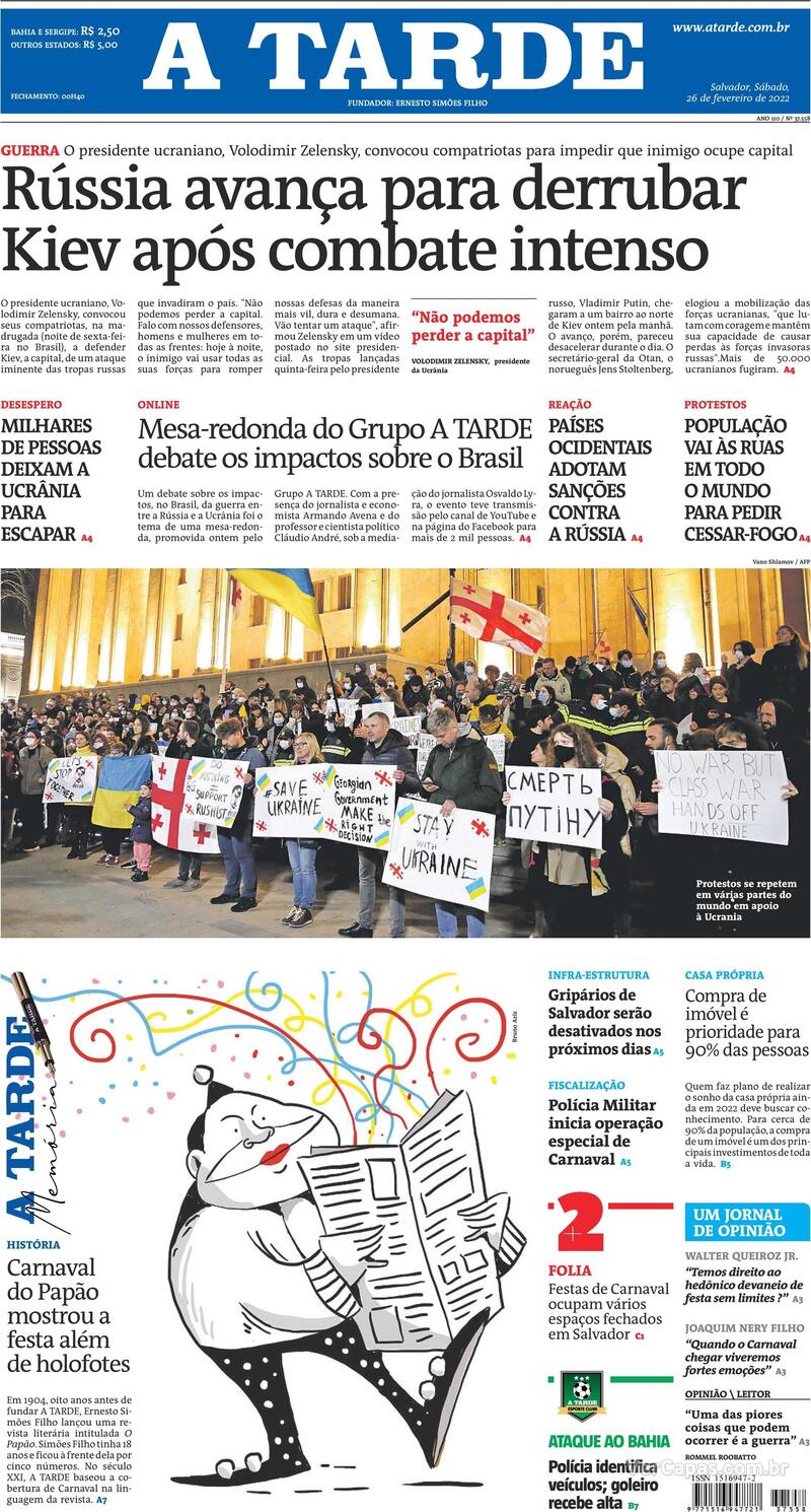 Capa do jornal A Tarde 26/02/2022