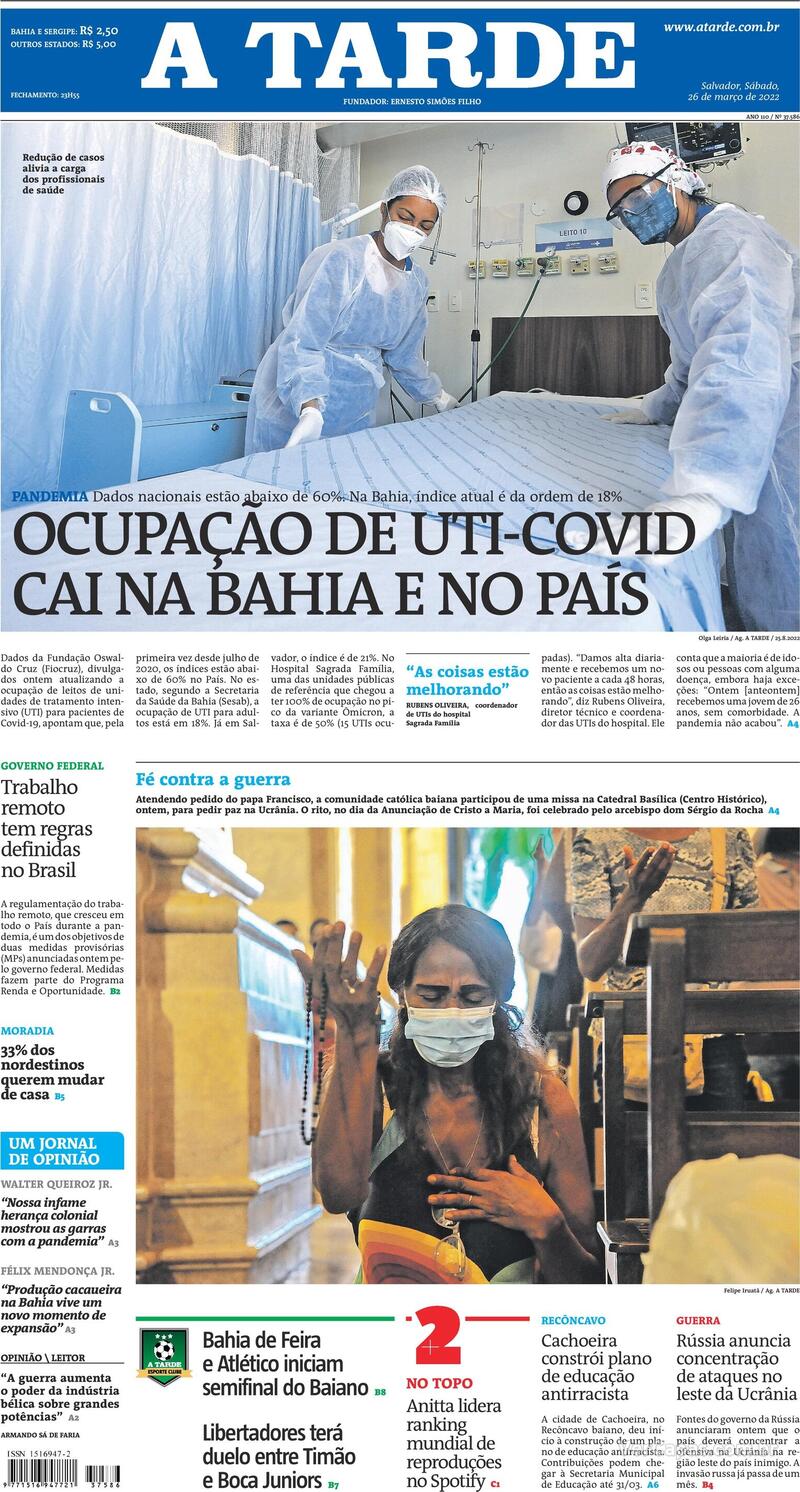 Capa do jornal A Tarde 26/03/2022