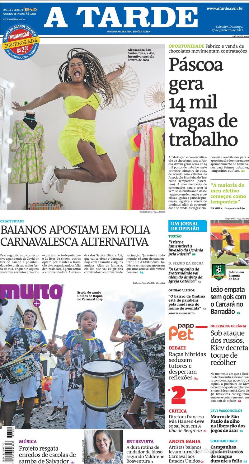 Capa do jornal A Tarde 27/02/2022