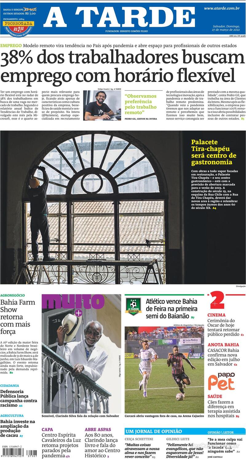 Capa do jornal A Tarde 27/03/2022