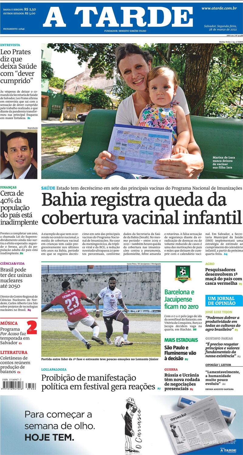 Capa do jornal A Tarde 28/03/2022