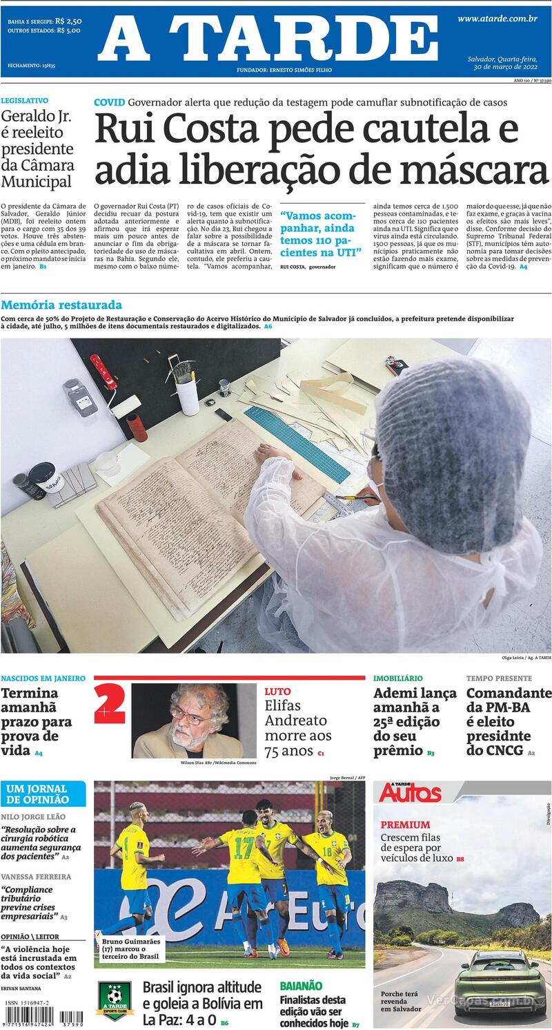 Capa do jornal A Tarde 30/03/2022