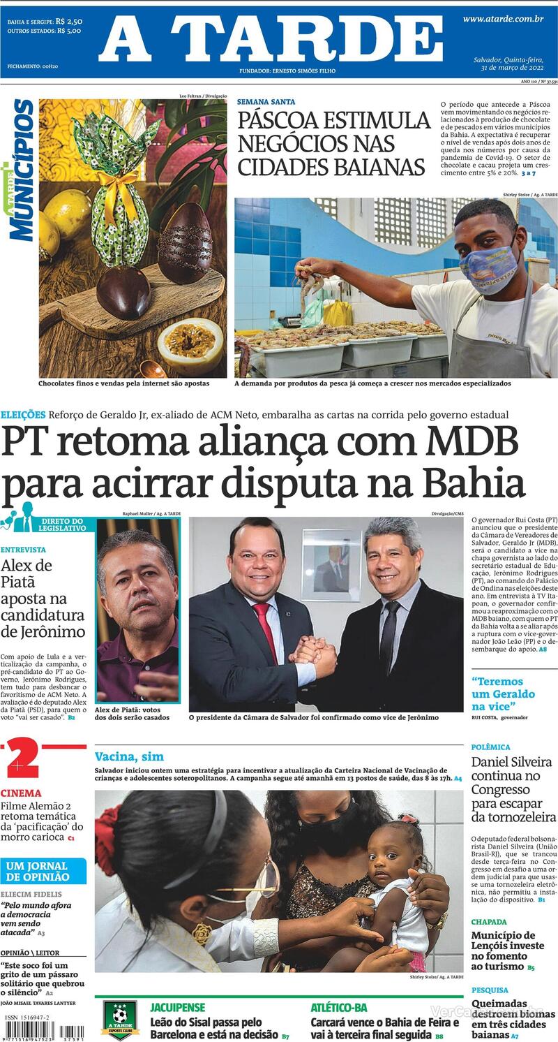 Capa do jornal A Tarde 31/03/2022