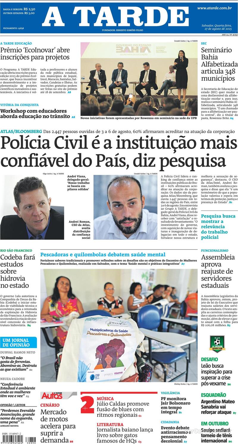 Capa do jornal A Tarde 27/08/2025