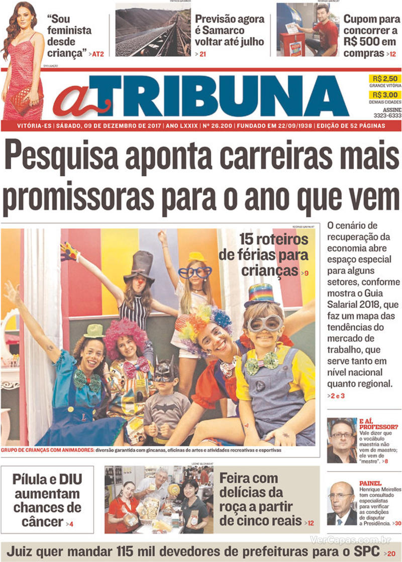 Capa do jornal A Tribuna 09/12/2017