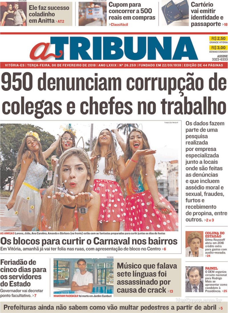Capa do jornal A Tribuna 06/02/2018