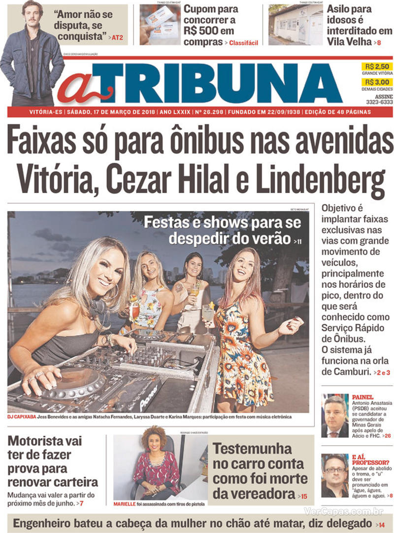 Capa do jornal A Tribuna 17/03/2018