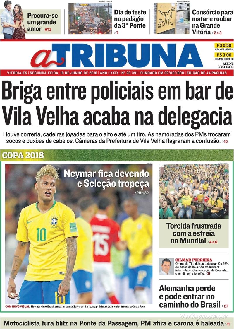 Capa do jornal A Tribuna 18/06/2018