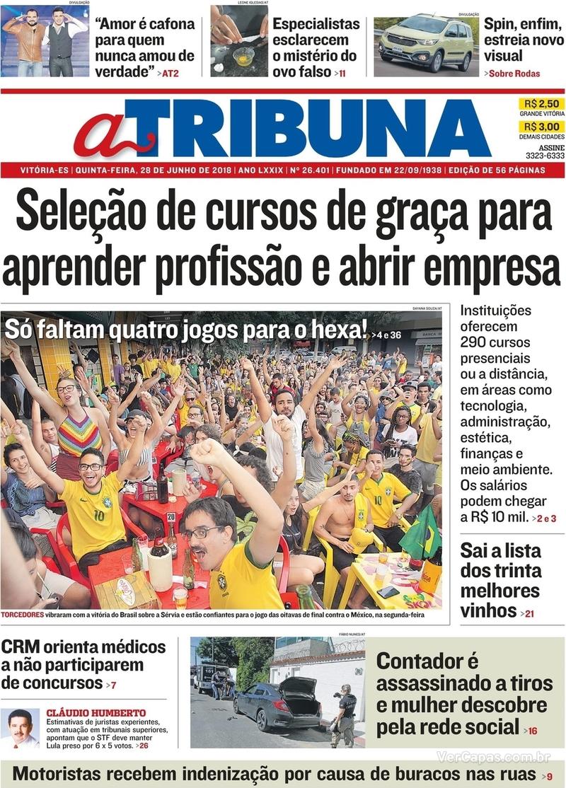 Capa do jornal A Tribuna 28/06/2018