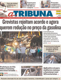 Capa do jornal A Tribuna 29/05/2018
