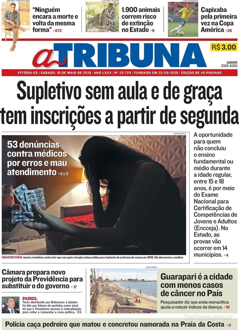 Capa do jornal A Tribuna 18/05/2019