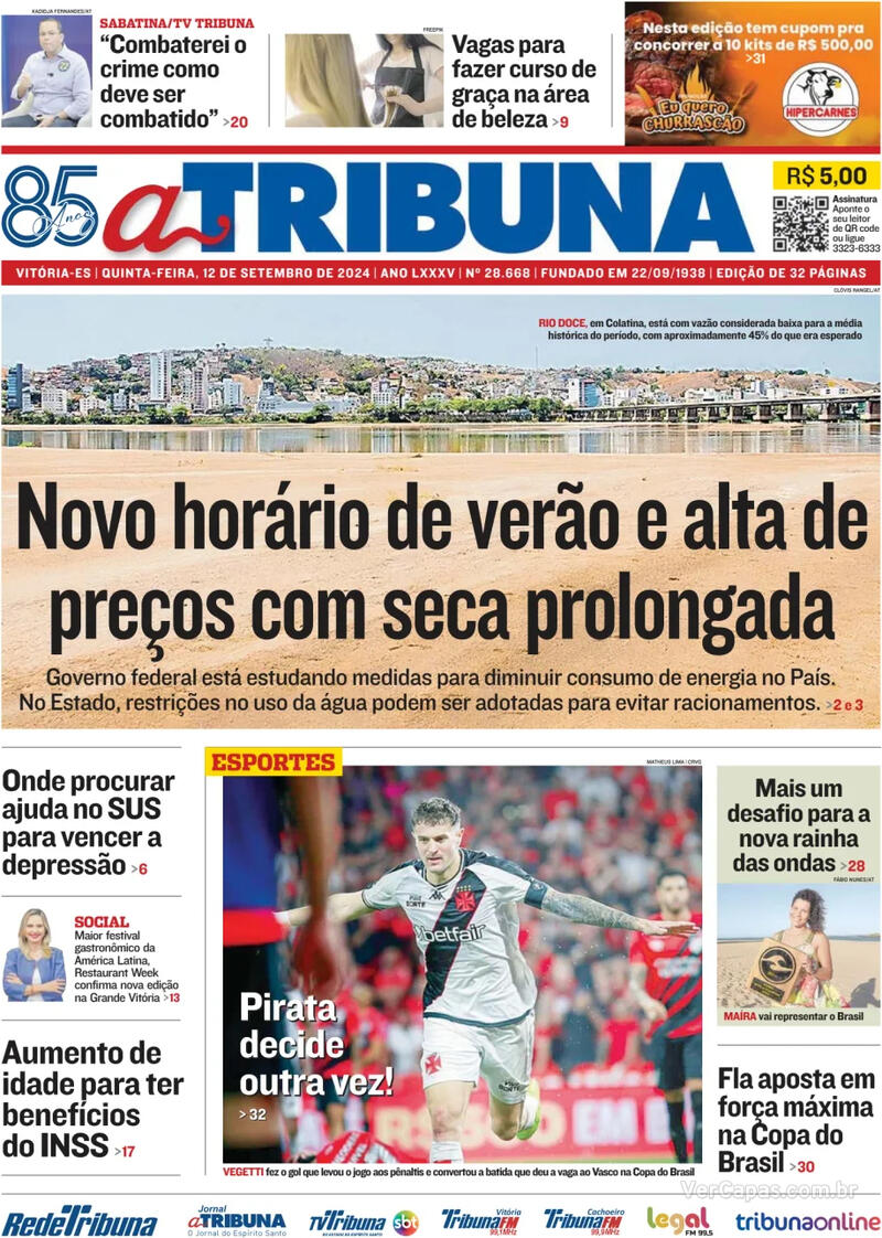 Capa do jornal A Tribuna 12/09/2024