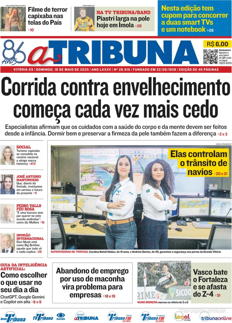 Capa do jornal A Tribuna 18/05/2025