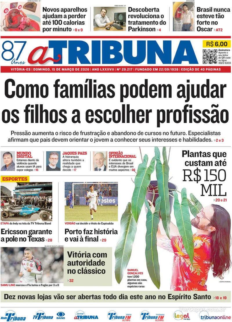 Capa do jornal A Tribuna 15/03/2026