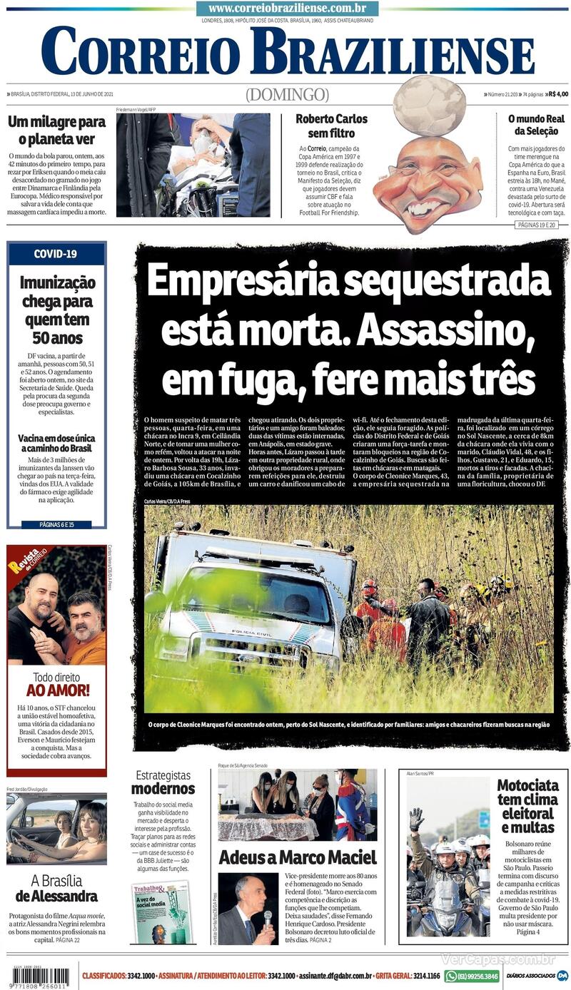 Capa Correio Braziliense Edição Domingo,13 De Junho De 2021