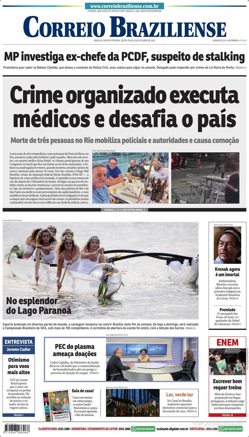 Capa Correio Braziliense Edição Sexta, 6 De Outubro De 2023