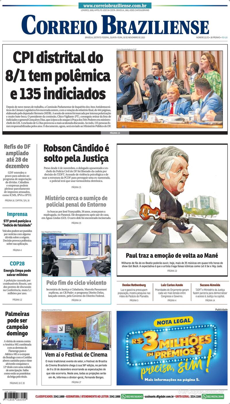 Capa do jornal Correio Braziliense 30/11/2023
