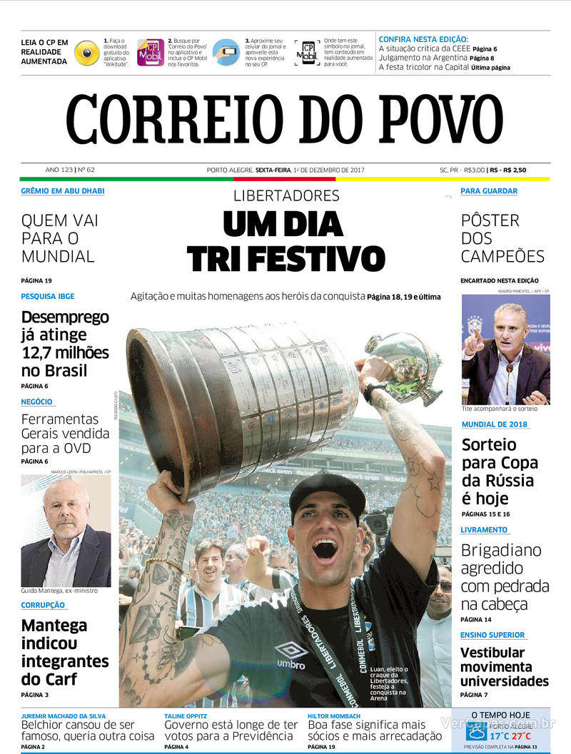 Capa do jornal Correio do Povo 01/12/2017