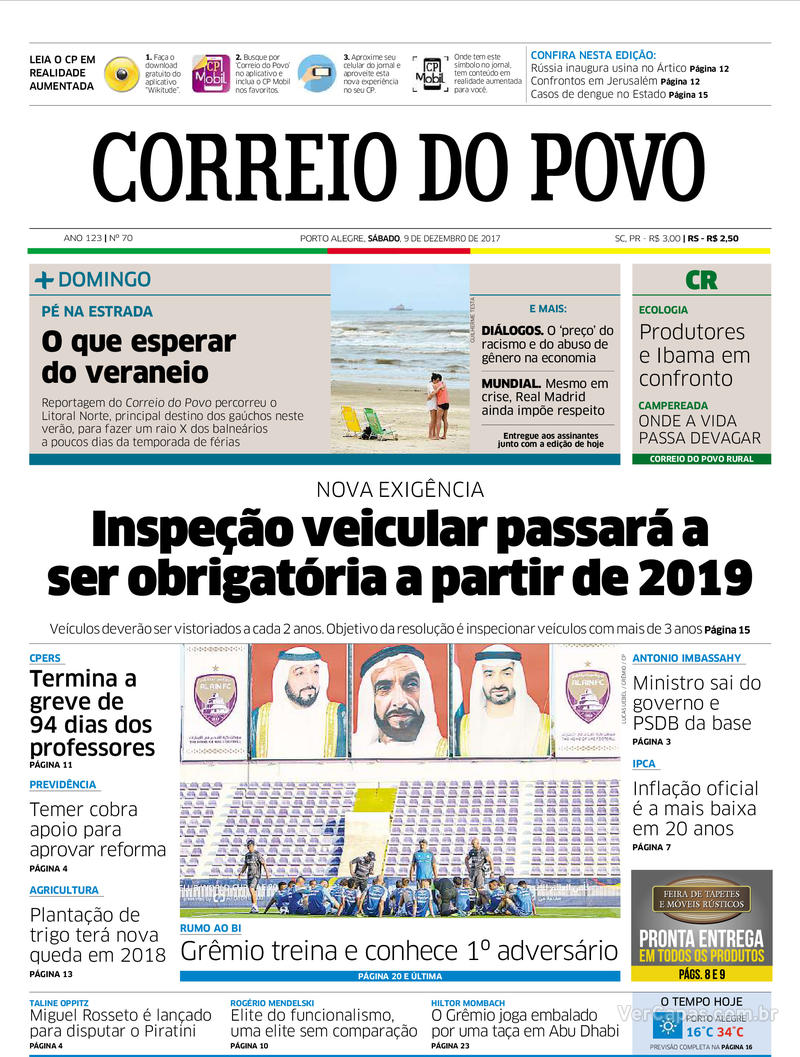 Capa do jornal Correio do Povo 09/12/2017