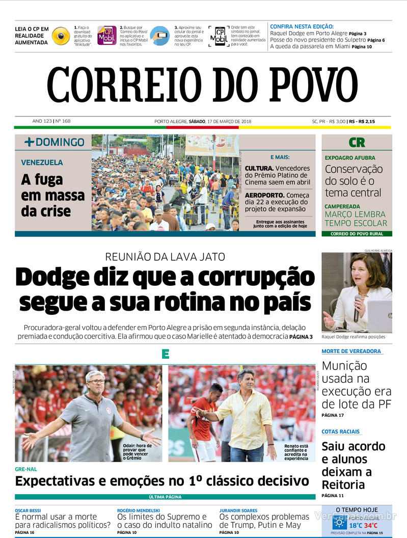Capa do jornal Correio do Povo 17/03/2018