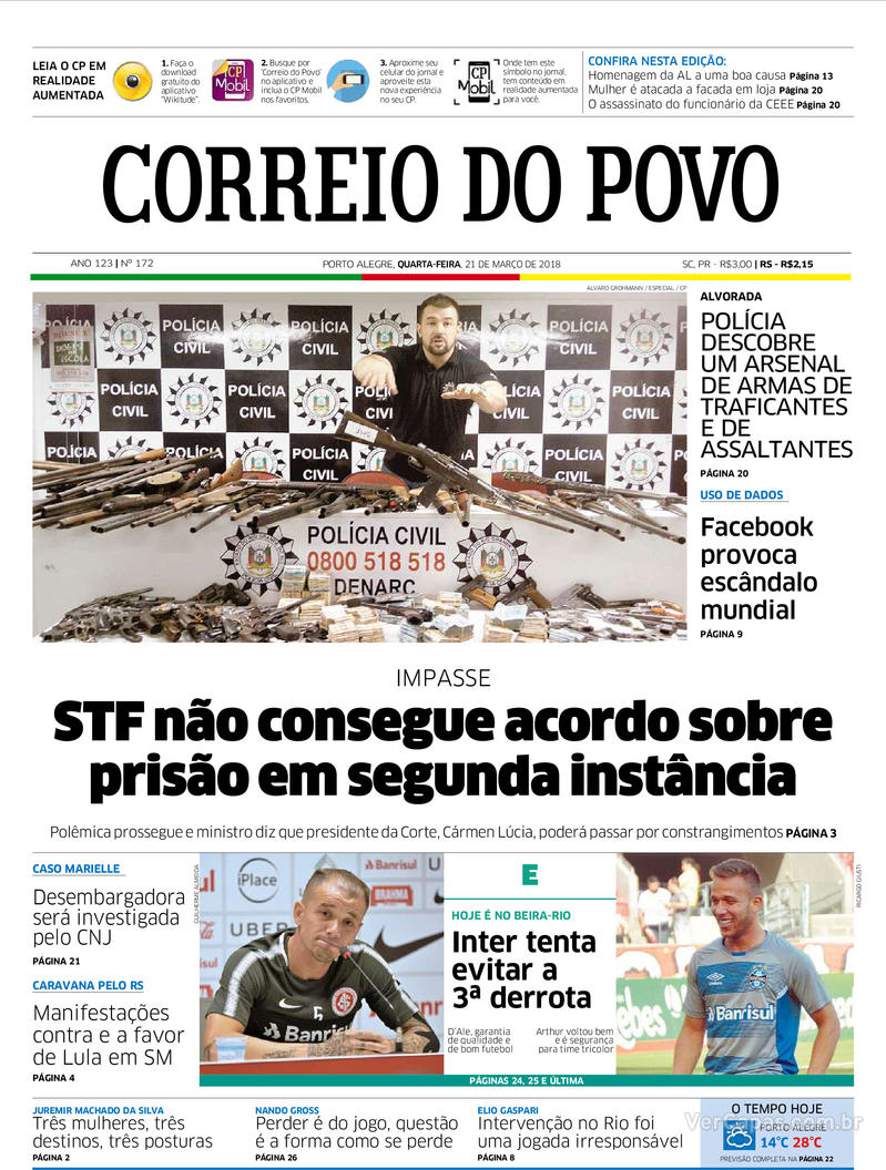 Capa do jornal Correio do Povo 21/03/2018
