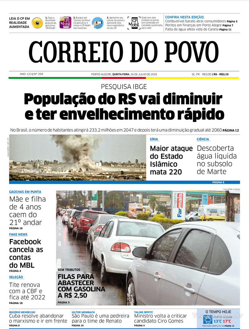 Capa do jornal Correio do Povo 26/07/2018